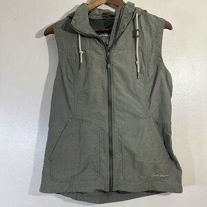 Eddie Bauer Women's M Hooded Safari Green Utility Outdoors Nylon Vest Jacket